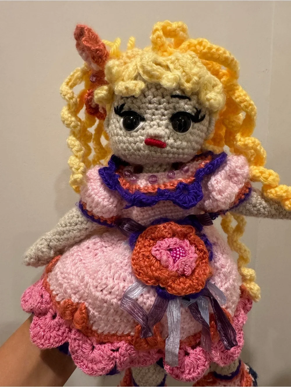 Handmade Crocheted Doll - Pink, Purple & Yellow Dress